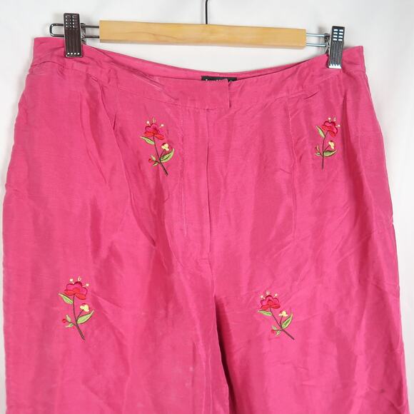 Vintage 90s INC Pink Silk Floral Embroidered Straight Leg Pants 12 - Picture 2 of 5